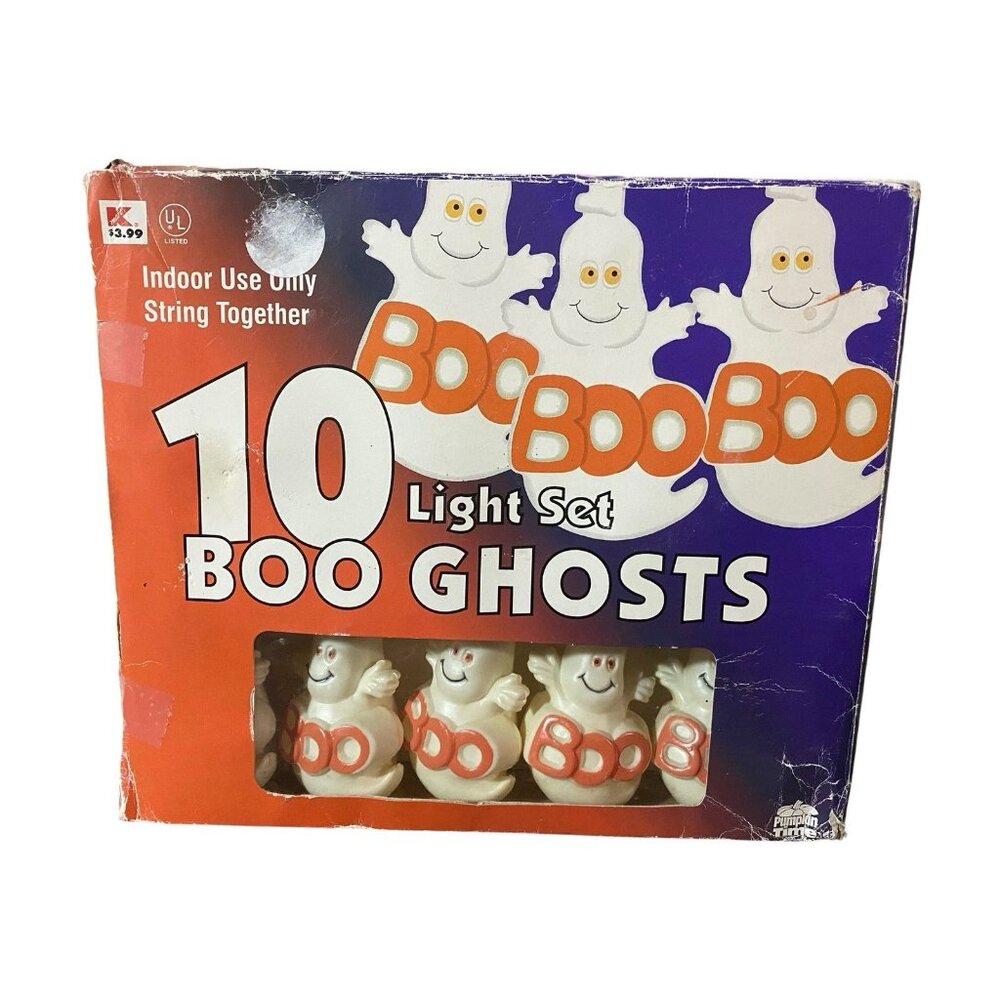 Vintage Halloween Ghost “Boo” String Lights Blow Mold Set Of 10 Pumpkin Time Box